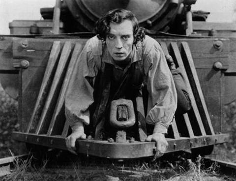 Harold Lloyd on a train cattle guard
